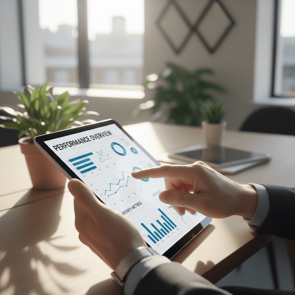 Professional consultant's hands reviewing analytics on tablet in modern office with natural light